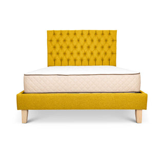 Arrowwood yellow linen Alexis bed base + deep buttoned headboard combo