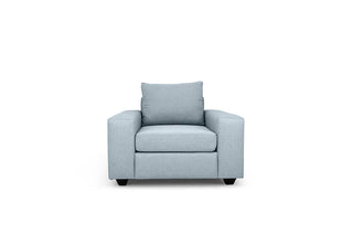 Euro single seater couch in pale blue linen front view
