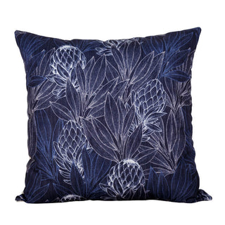 Scatter cushion with navy blue protea botanical pattern