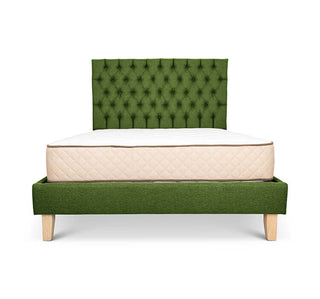 Avocado linen Alexis bed base + deep buttoned headboard combo