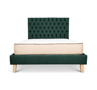 Jungle green linen Alexis bed base + deep buttoned headboard combo