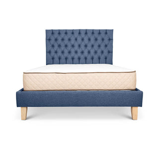 Midnight blue linen Alexis bed base + deep buttoned headboard combo