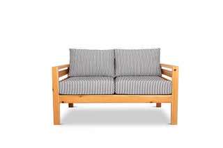 Classic outdoor two seater cedarwood couch with charcoal & white striped canvas cushions