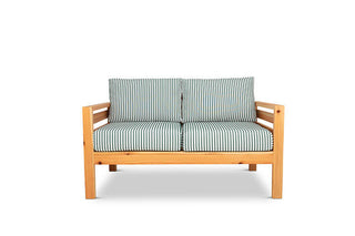 Classic outdoor two seater cedarwood couch with green & white striped canvas cushions