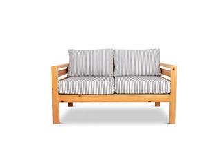 Classic outdoor two seater cedarwood couch with grey & white striped canvas cushions