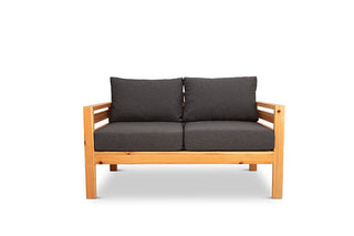 Classic outdoor two seater cedarwood couch with charcoal canvas cushions