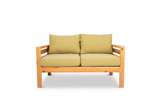 Classic outdoor two seater cedarwood couch with mustard canvas cushions