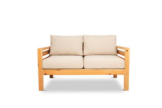 Classic outdoor two seater cedarwood couch with stone canvas cushions