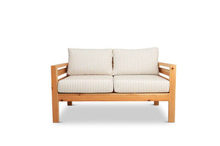 Classic outdoor two seater cedarwood couch with stone & white striped canvas cushions