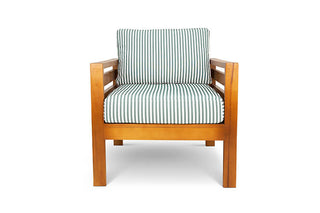 Pine patio armchair with green striped canvas cushions