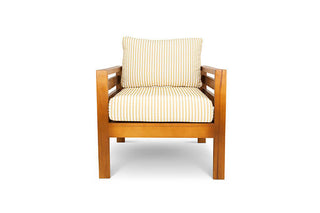 Pine patio armchair with mustard striped canvas cushions