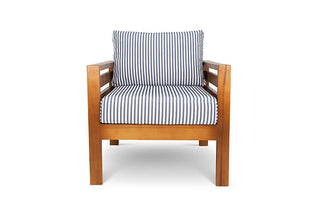 Pine patio armchair with navy blue striped canvas cushions