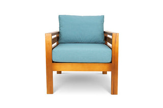 Pine patio armchair with aqua canvas cushions