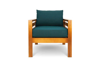 Pine patio armchair with green canvas cushions