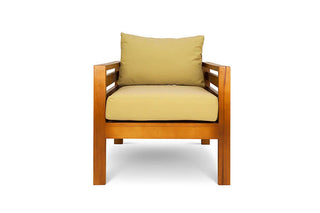 Pine patio armchair with mustard canvas cushions