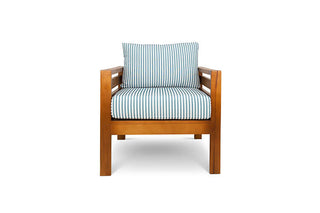 Pine patio armchair with turquoise striped canvas cushions