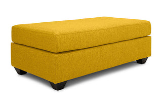 Small Euro ottoman in yellow linen angled view