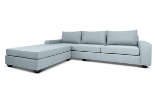 Euro four seater  L shape couch in pale blue linen angled view