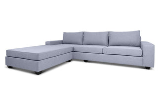 Euro four seater  L shape couch in grey linen angled view