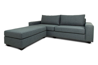 Euro three seater L shape couch in storm linen angled view