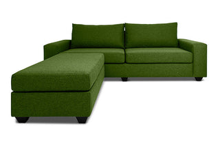 Euro three seater L shape couch in avocado green linen front view