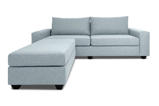 Euro three seater L shape couch in pale blue linen front view