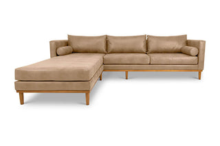 Harrison four seater L shape couch in biscotti imitation leather front view