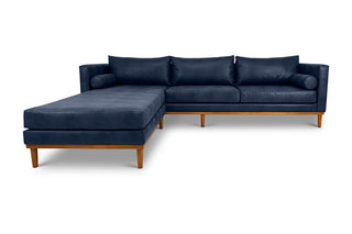 Harrison four seater L shape couch in salute blue imitation leather front view