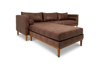Harrison four seater L shape couch in sepia imitation leather angled view