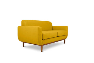 Oslo two seater couch in yellow linen fabric angled view