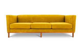 Shelley three seater couch ochre yellow suede front view