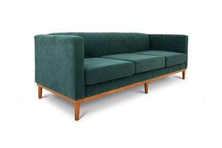 Shelley three seater couch seaweed green suede angled view