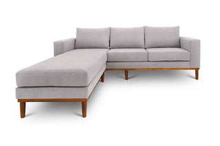 Sophia L shape couch in bone grey suede fabric front view