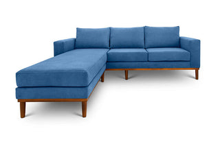 Sophia L shape couch in indigo blue suede fabric front view