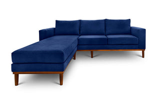 Sophia L shape couch in jet blue suede fabric front view