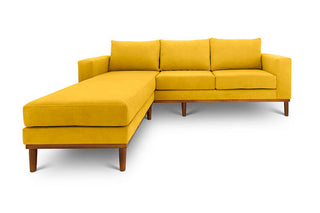 Sophia L shape couch in ochre yellow suede fabric front view