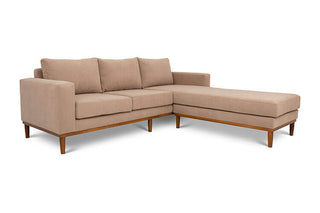 Sophia L shape couch in sand suede fabric angled view