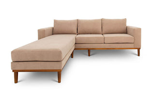 Sophia L shape couch in sand suede fabric front view
