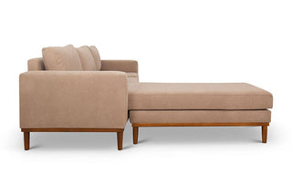 Sophia L shape couch in sand suede fabric side view