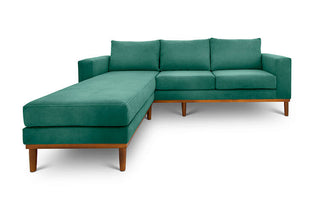 Sophia L shape couch in seaweed green suede fabric front view