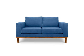 Sophia two seater couch in indigo blue suede fabric front view