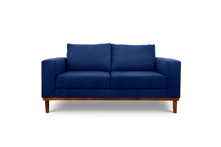 Sophia two seater couch in jet blue suede fabric front view