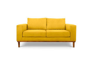 Sophia two seater couch in ochre yellow suede fabric front view