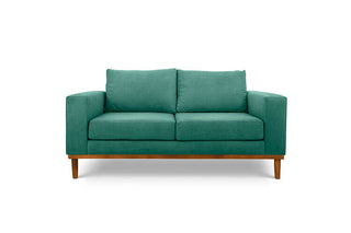 Sophia two seater couch in seaweed green suede fabric front view